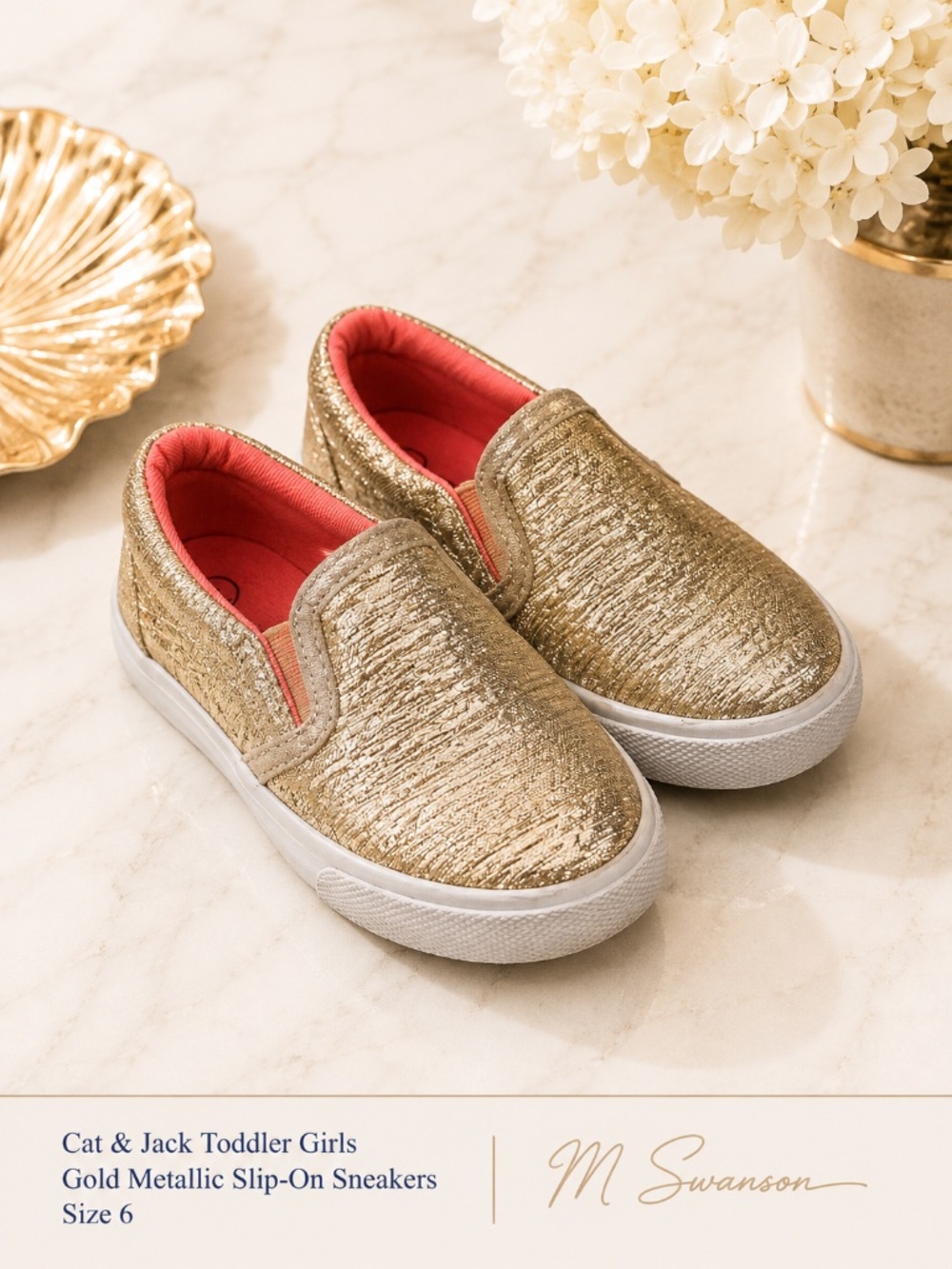 Cat & Jack Toddler Girls Gold Metallic Slip-On Sneakers Size 6